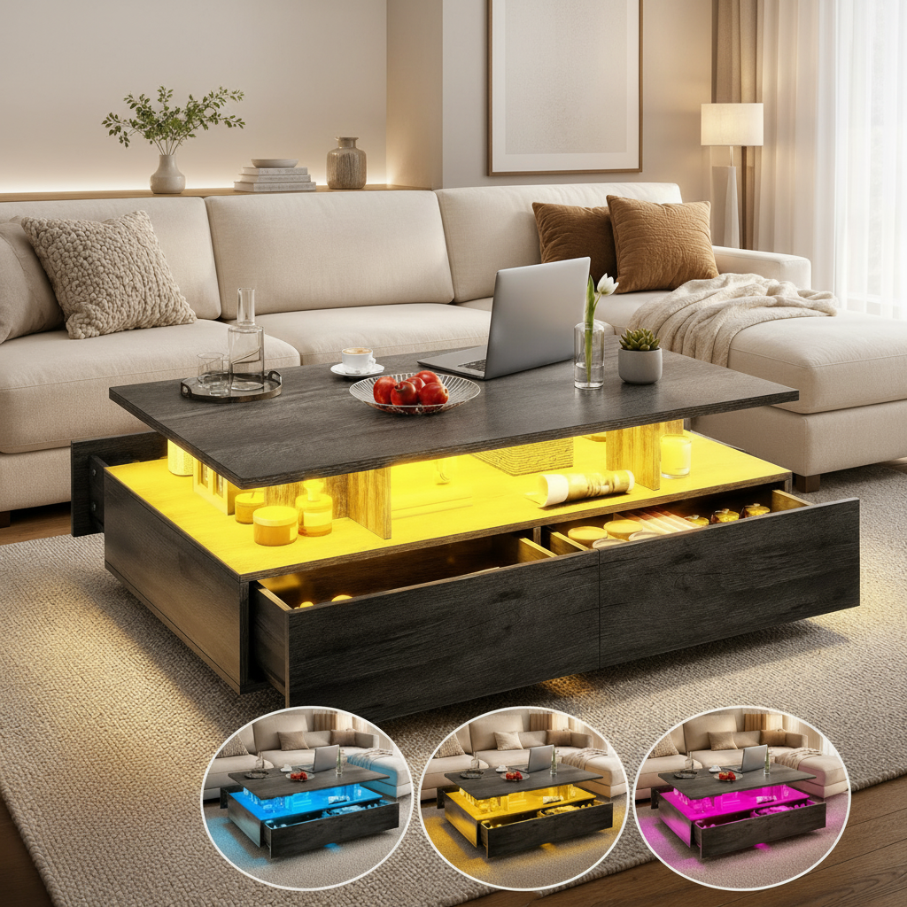 Grey High Gloss LED Coffee Table With Drawers