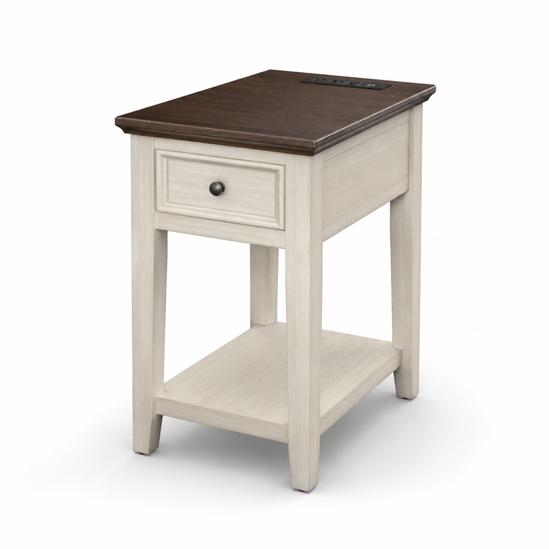 Narrow End Table with USB Charging, Drawer & Shelf, Farmhouse Style