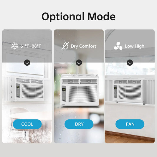 Philodeco 6000 BTU Window Air Conditioner Cool to 250 Sq Ft Intelligent, LED, Remote Control, Easy to Clean Filter
