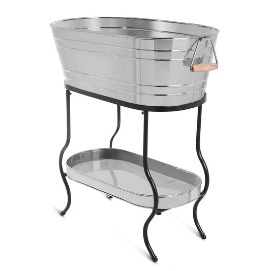 Steel Galvanized Beverage Tub with Stand and Drip Pan Tray - Oval Shape (Large Size) by MG Decor - Madhu Collection