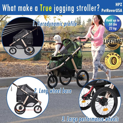 Jogging Sports Stroller with Comfort Rubber Wheels/Zipper-Less Entry/1-Hand Quick Fold/Aluminum Frame for Small/Medium Dogs Cats and Pets (Green Camo)