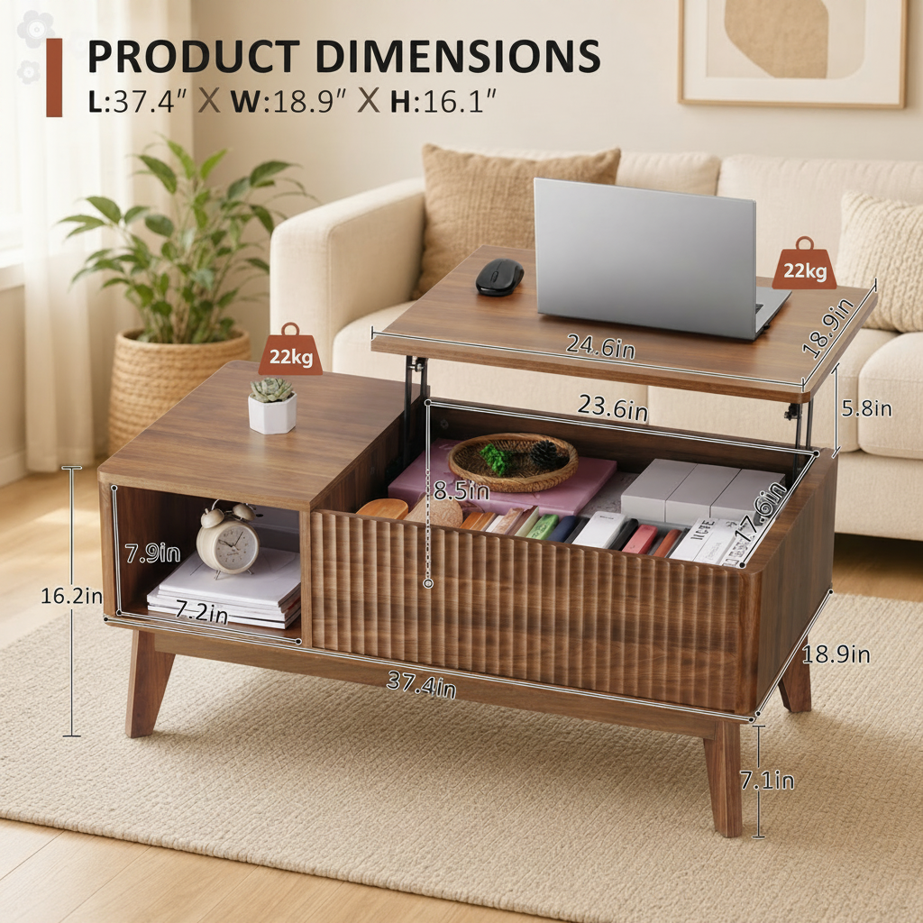 Walnut Fluted Lift Top Coffee Table Storage Design