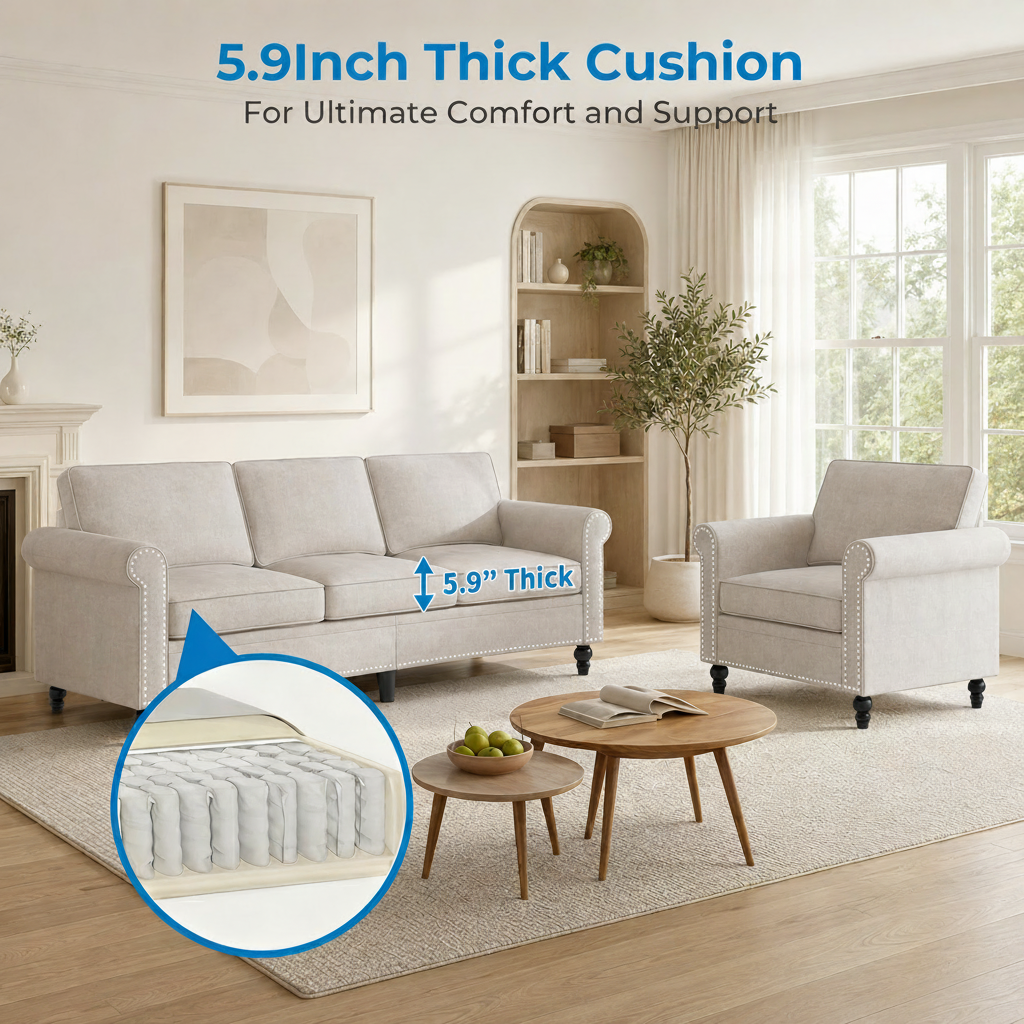 Beige Linen Sofa Set With Nailhead Trim Design