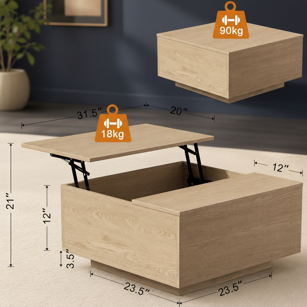 Natural Square Lift Top Coffee Table Hidden Storage