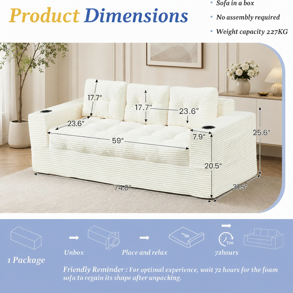 75 Inch Beige Cloud Sofa With Cup Holder Design
