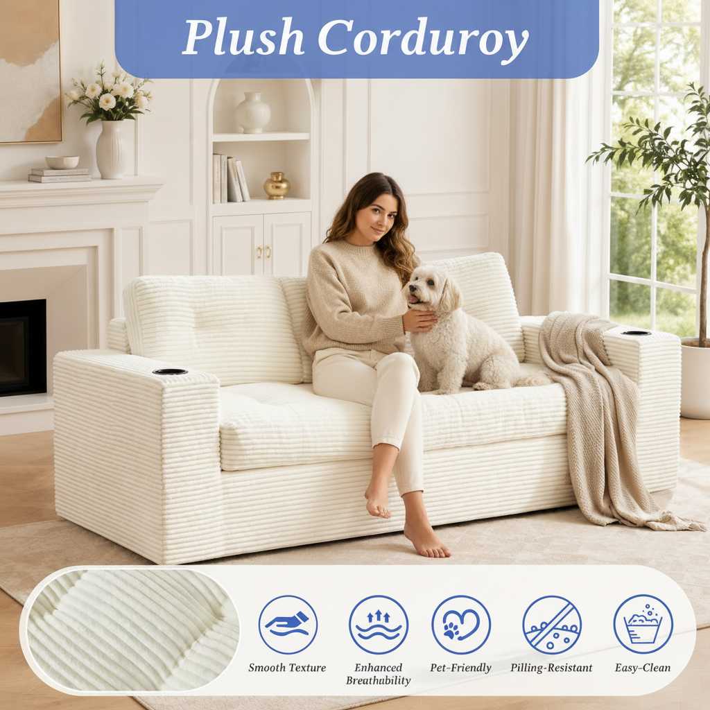 75 Inch Beige Cloud Sofa With Cup Holder Design