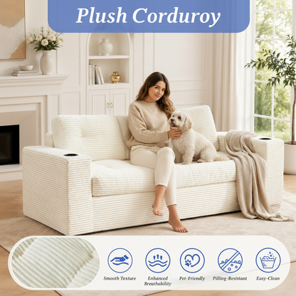 75 Inch Beige Cloud Sofa With Cup Holder Design