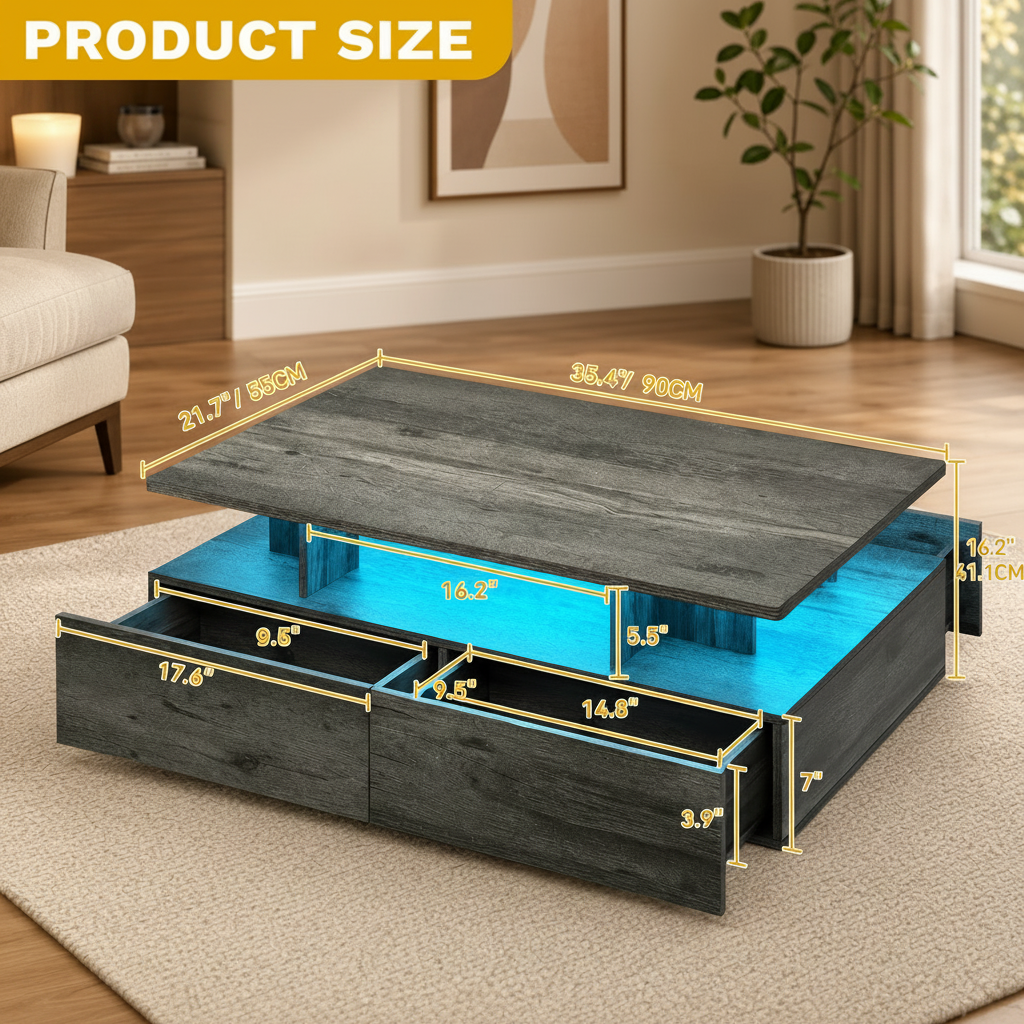Grey High Gloss LED Coffee Table With Drawers