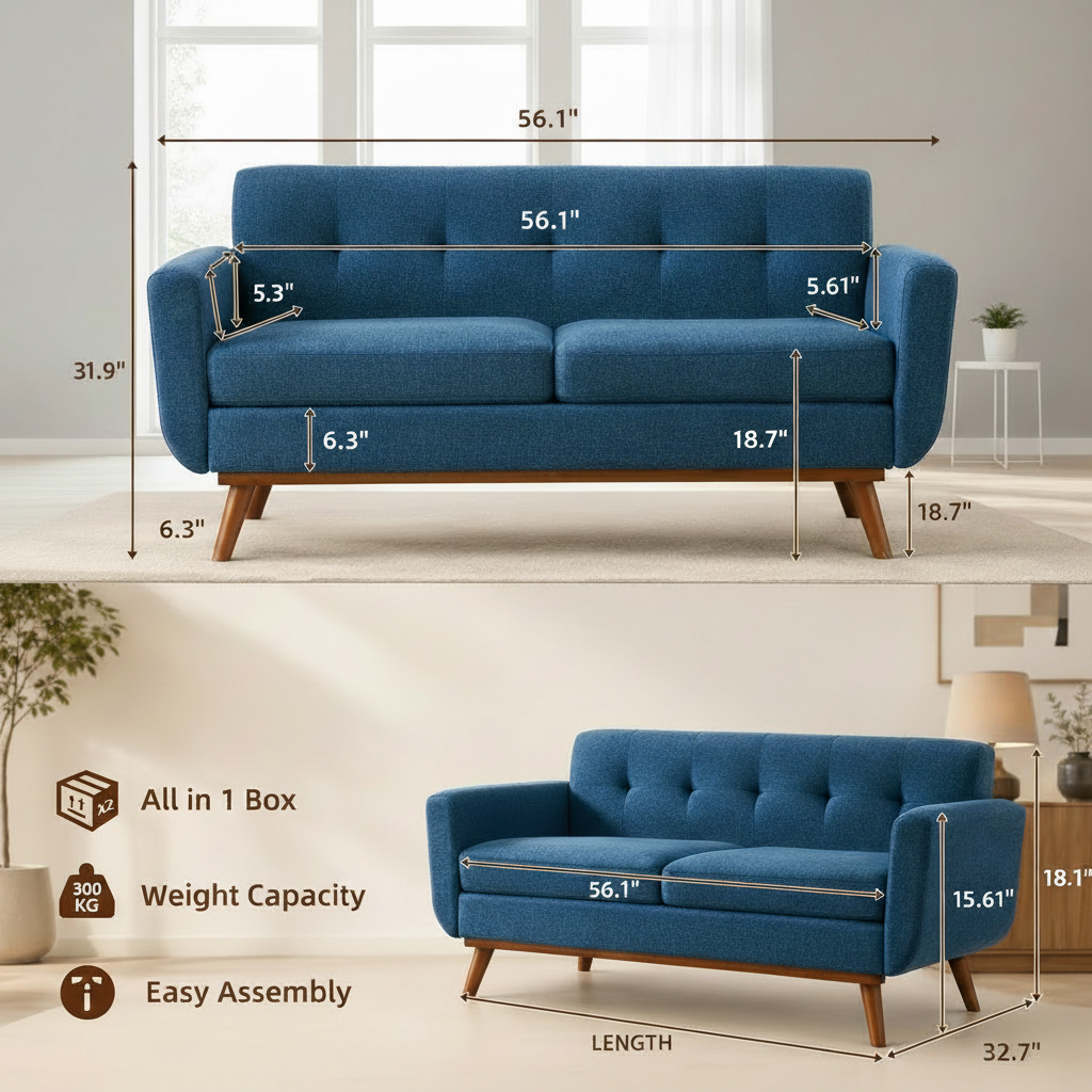 65.2 Inch Blue Button Tufted Loveseat Sofa