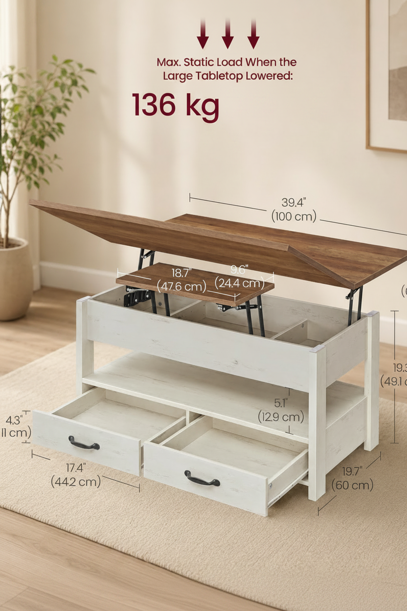 Honey Brown Lift Top Coffee Table With Drawers