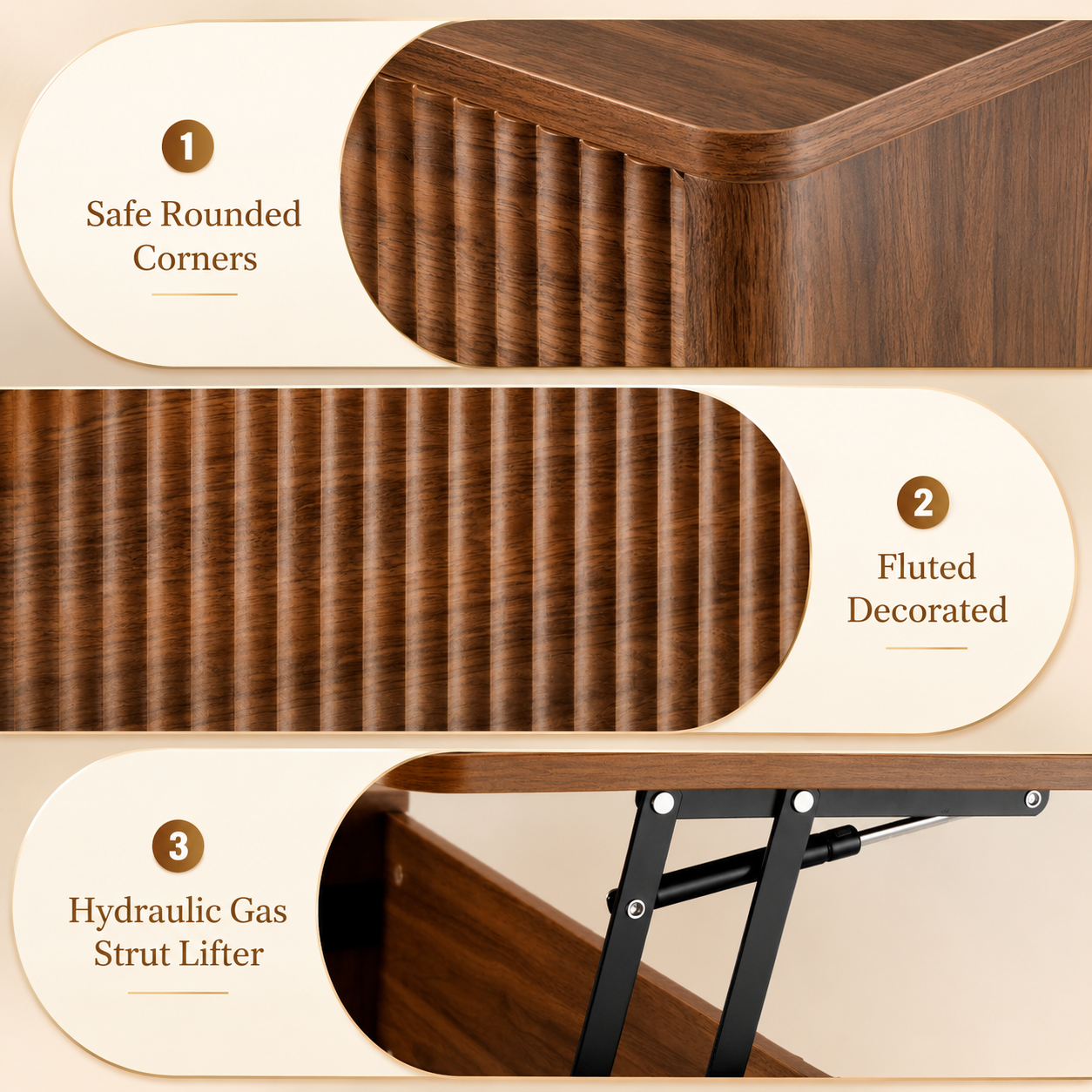 Walnut Fluted Lift Top Coffee Table Storage Design