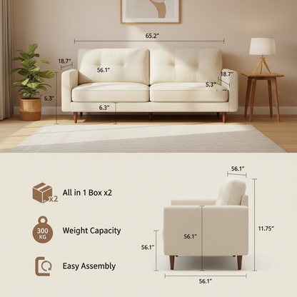 65 Inch Button Tufted Loveseat Sofa Small Space