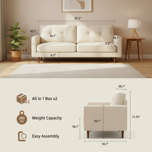 65 Inch Button Tufted Loveseat Sofa Small Space