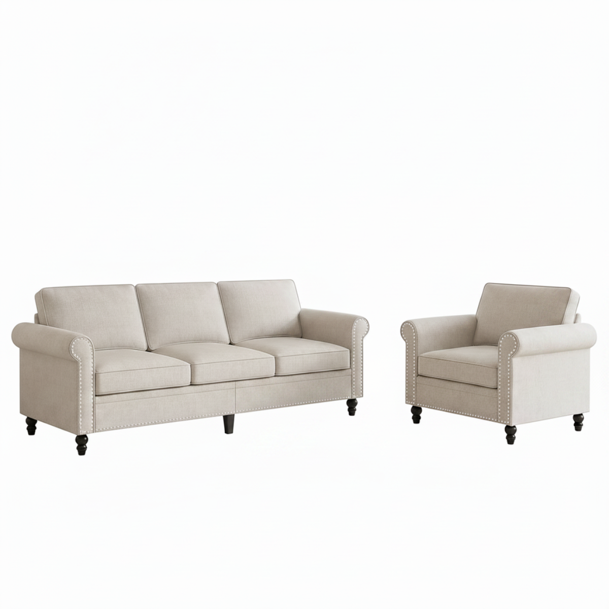 Beige Linen Sofa Set With Nailhead Trim Design