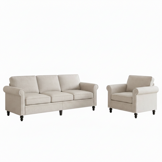 Beige Linen Sofa Set With Nailhead Trim Design