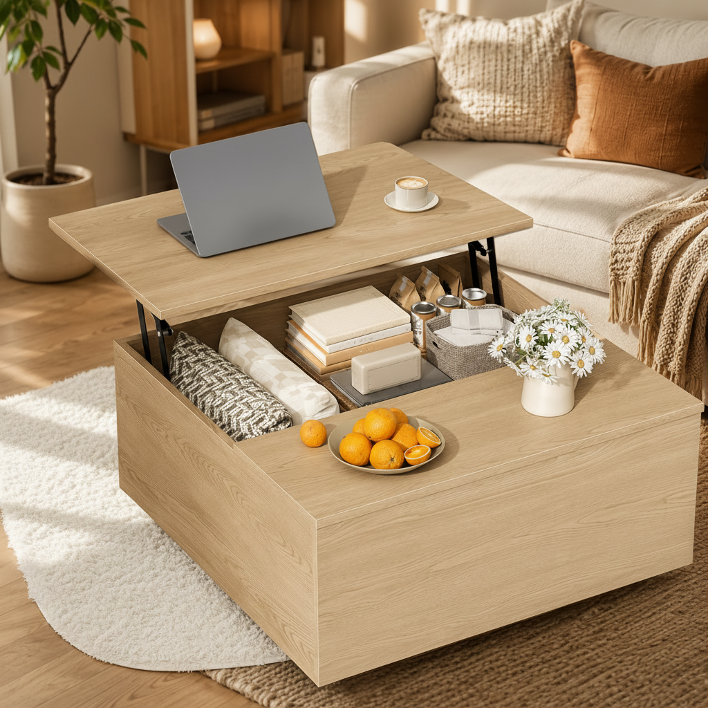Natural Square Lift Top Coffee Table Hidden Storage