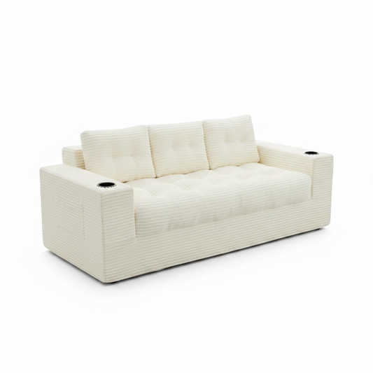 75 Inch Beige Cloud Sofa With Cup Holder Design