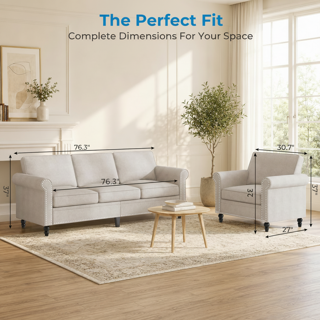 Beige Linen Sofa Set With Nailhead Trim Design