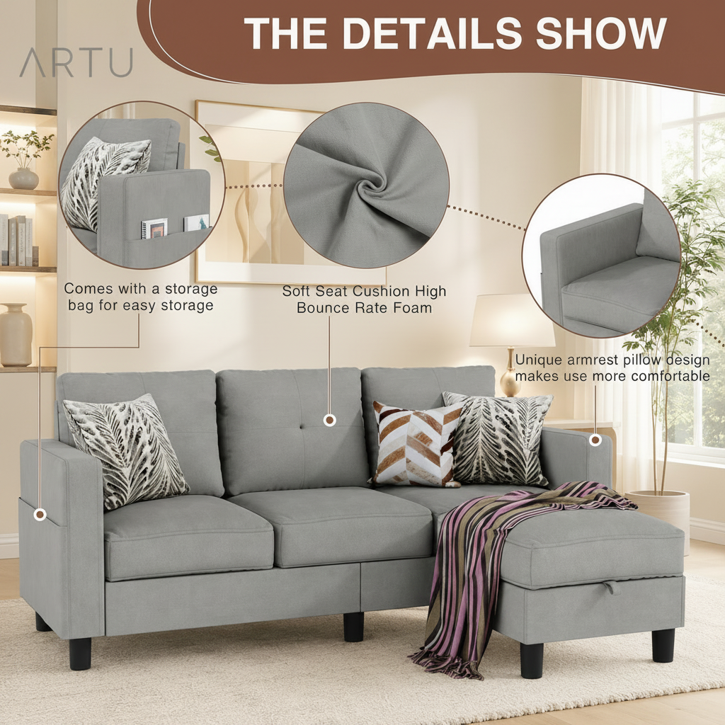 Light Grey L Shaped Sectional Sofa With Ottoman