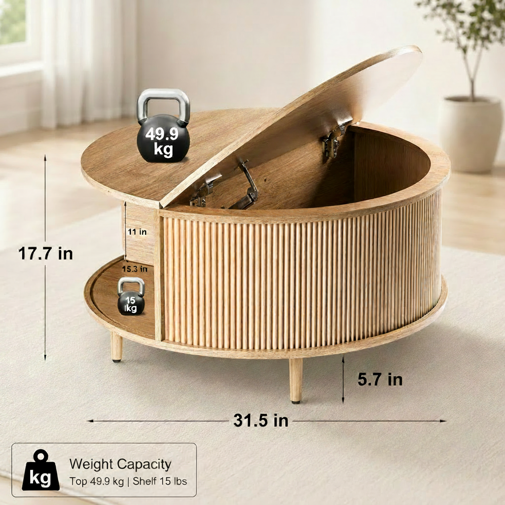 31.5 Inch Round Lift Top Coffee Table Storage Design