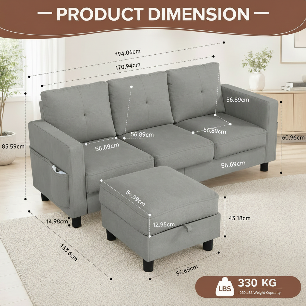 Light Grey L Shaped Sectional Sofa With Ottoman