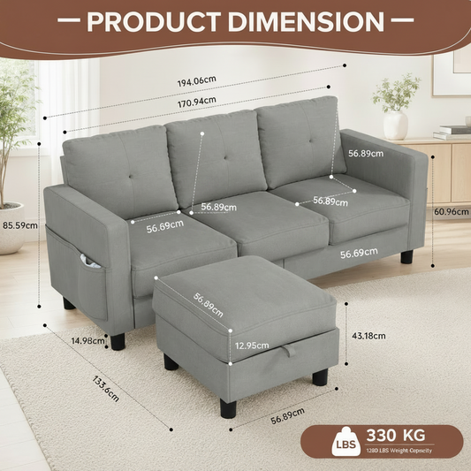 Light Grey L Shaped Sectional Sofa With Ottoman